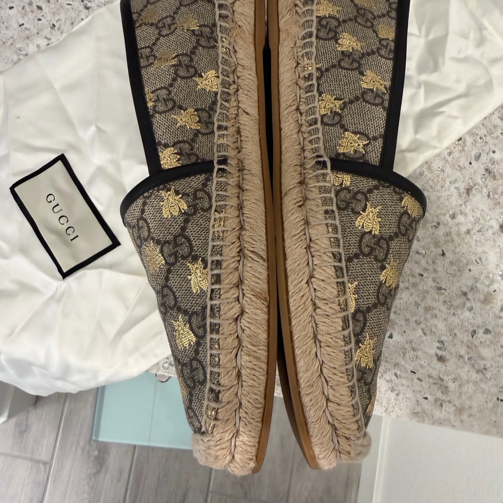 Gucci Brown & Gold Monogram Bee Espadrille Flats - Picture 5 of 8